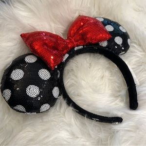 Disney Parks Black White Polka Dot Red Sequin Bow Minnie Mouse Ear Headband NICE